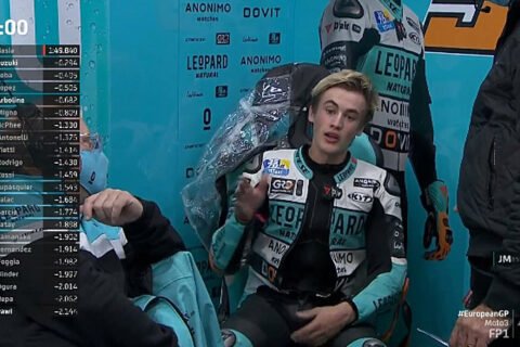 Moto3 Valence-1 FP1 : Jaume Masiá sur le mouillé. Albert Arenas au sol.