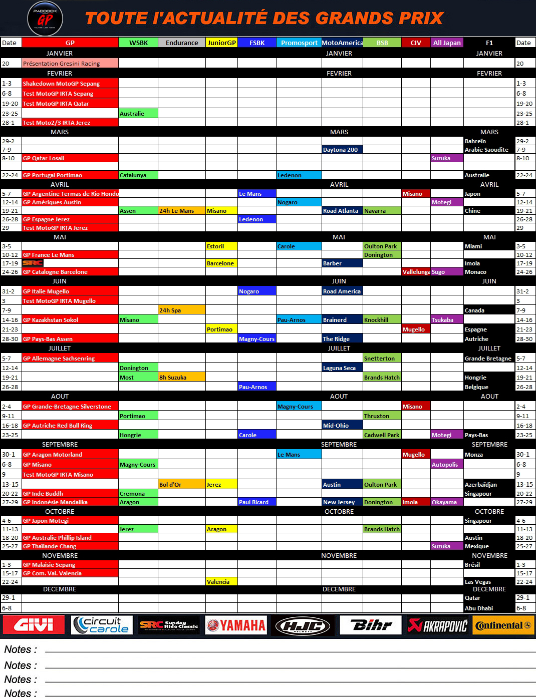 Calendrier 2024 à imprimer : MotoGP WSBK EWC JuniorGP FSBK Promosport  MotoAmerica BSB CIV All Japan et F1 ! (V1) - Paddock GP