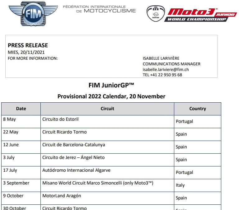 calendar Paddock GP